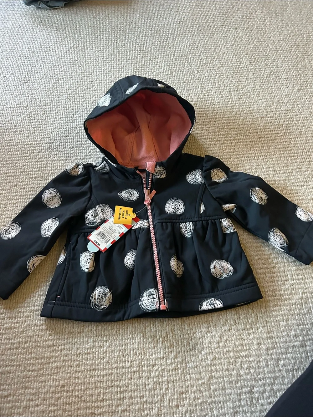 Cat & Jack Black Hooded Raincoat with Pink Lining and White Scribble Dots